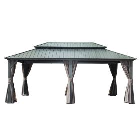 12' X 20' Hardtop Gazebo, Aluminum Metal Gazebo with Galvanized Steel Double Roof Canopy, Curtain and Netting, Permanent Gazebo Pavilion for Pati